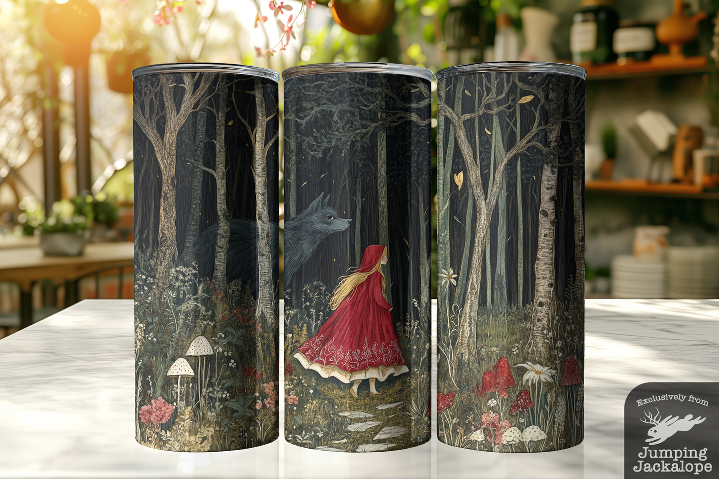 Red Riding Hood in the Enchanted Forest – 20oz Fairytale Wolf Tumbler | Cottagecore Gothic Drinkware