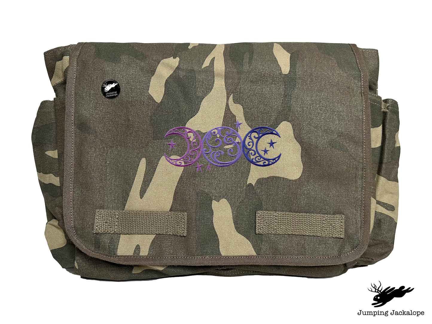 Triple Moon Design Embroidered Classic Canvas Messenger Bag,
