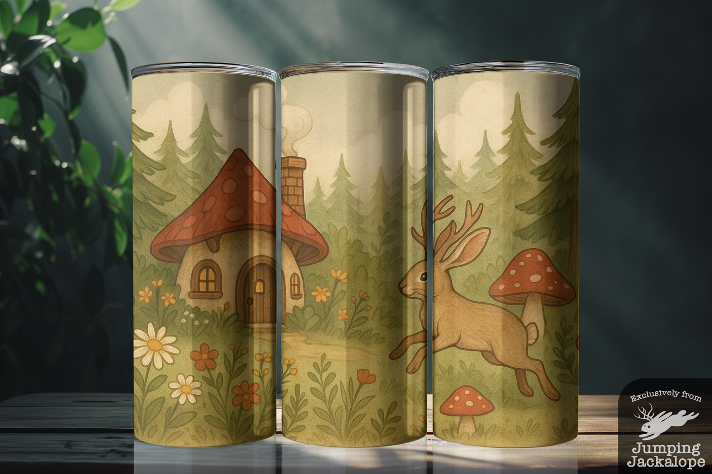 Whimsical Woodland Cottage Tumbler – Jackalope & Mushroom House Fantasy Art