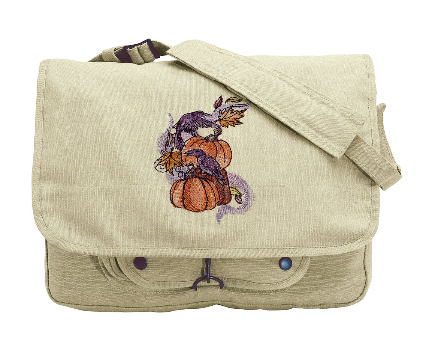 Painted Ravens and Pumpkins Embroidered Canvas Messenger Bag