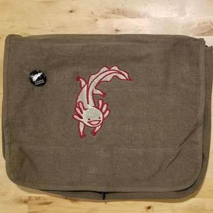 Adventurous Axolotl Embroidered Canvas Messenger Bag