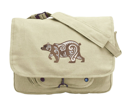 Bear with Flourish Embroidered Canvas Messenger Bag