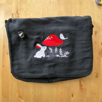 A Curious Find - Rabbit Bird Mushroom Embroidered Canvas Messenger Bag