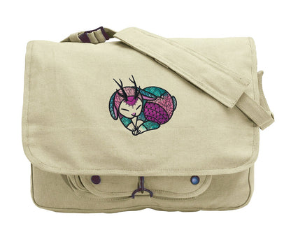 Jackalope Heart Embroidered Canvas Messenger Bag