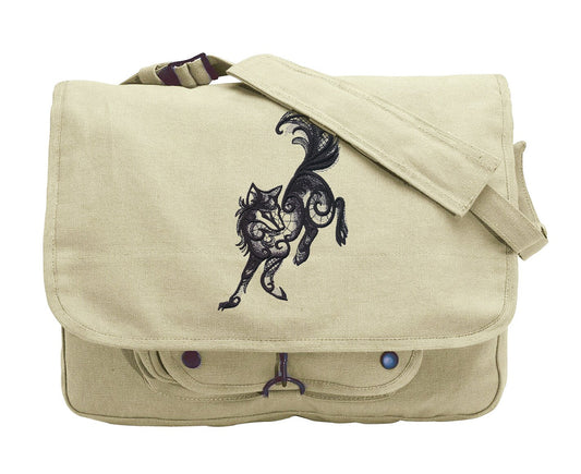 Swirling Wolf Bag, Wolf Messenger Bag, Wolf Canvas Bag, Dark Creatures - Wolf Embroidered Canvas Messenger Bag