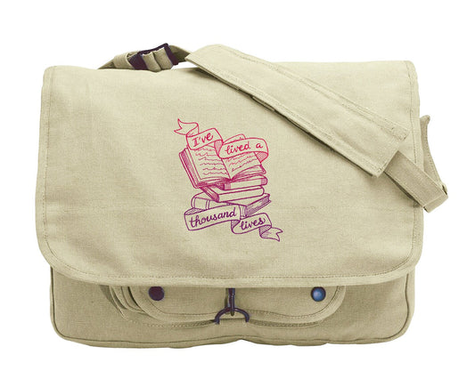 I've Lived a Thousand Lives Bag, Book Messenger Bag, Book Love Canvas Bag, Booked Up - Bibliophile Embroidered Canvas Messenger Bag
