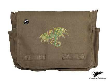 Gilded Patina Dragon Embroidered Classic Canvas Messenger Bag