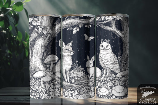 Monochrome Forest Magic Tumbler – 20oz Black & White Woodland Animals with Mushrooms | Cottagecore Drinkware