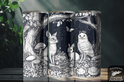 Monochrome Forest Magic Tumbler – 20oz Black & White Woodland Animals with Mushrooms | Cottagecore Drinkware