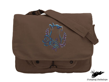 Rose Laurel Cat Embroidered Canvas Messenger Bag,  Cat Bag, Flower Cat Bag