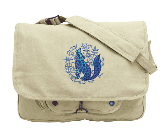 Bohemian Woods - Wolf Embroidered Canvas Messenger Bag