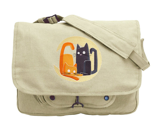 Cat Messenger Bag, Crescent Moon Kitties Embroidered Canvas Messenger Bag