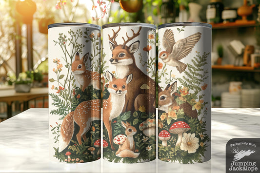 Bright Woodland Deer Tumbler – Storybook Forest Animals on White Background