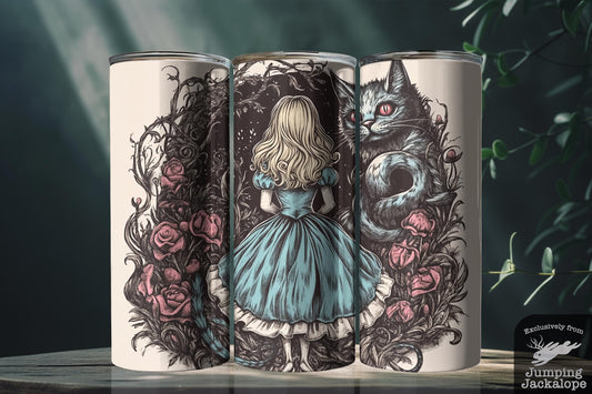 Beneath the Branches Tumbler – Alice Confronts Cheshire Cat | 20oz Fairytale Fantasy Cup