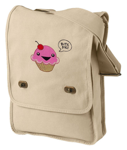 Bite Me Cupcake Embroidered Canvas Field Bag
