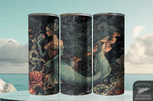 Deep Sea Botanica Mermaid Tumbler – 20oz Vintage Ocean Floral | Dark Cottagecore Fantasy