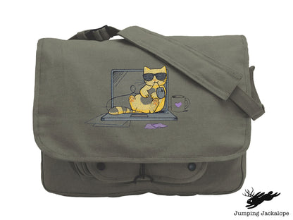 Purr-fectly Cool Co-worker Kitty Embroidered Canvas Messenger Bag,  Cat Bag, Work Cat Bag