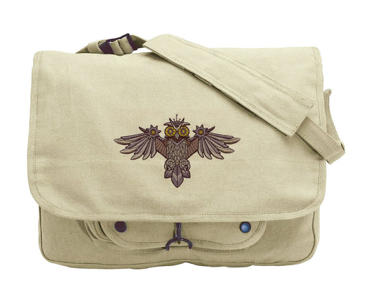 Clockwork Owl Embroidered Canvas Messenger Bag
