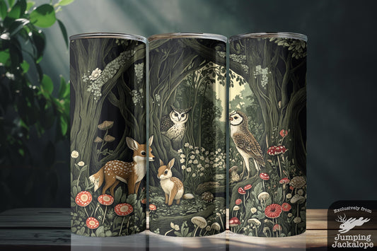 Enchanted Glade Tumbler – 20oz Baby Deer, Owls, and Mushrooms | Whimsical Forest Drinkware