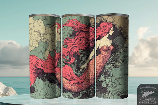 Crimson Current Mermaid Tumbler – 20oz Fiery Haired Ocean Fantasy | Celestial Sea Goddess Drinkware