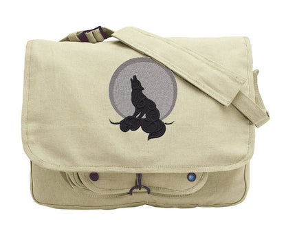 Howling Wolf Messenger Bag, Wolf Canvas Bag, Howl at the Moon Embroidered Canvas Messenger Bag