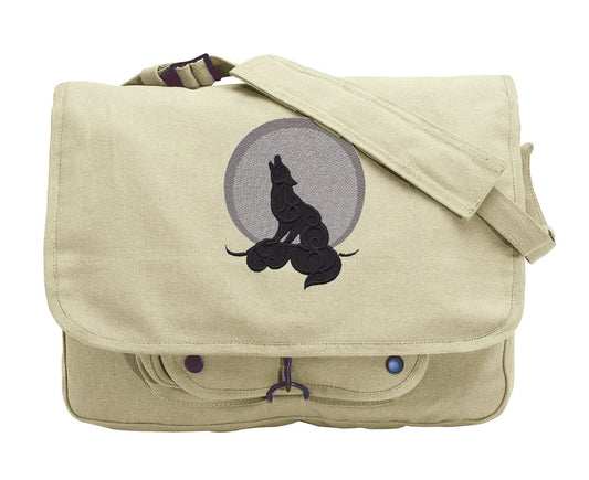 Howling Wolf Messenger Bag, Wolf Canvas Bag, Howl at the Moon Embroidered Canvas Messenger Bag