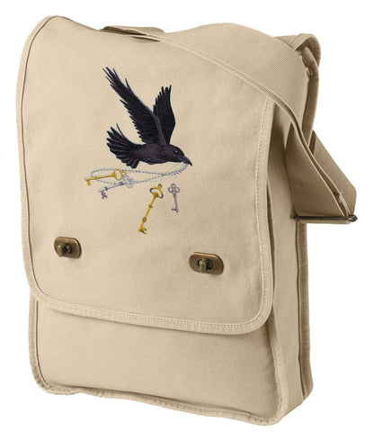 Flying Raven with Skeleton Keys Embroidered Canvas Field Bag