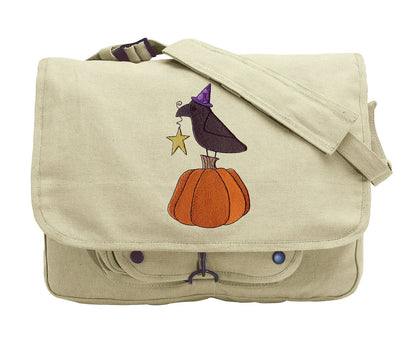 Raven and Pumpkin Embroidered Canvas Messenger Bag