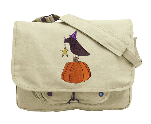 Raven and Pumpkin Embroidered Canvas Messenger Bag