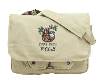 Take Time to Chill - Sloth Bag, Sloth Embroidered Canvas Messenger Bag