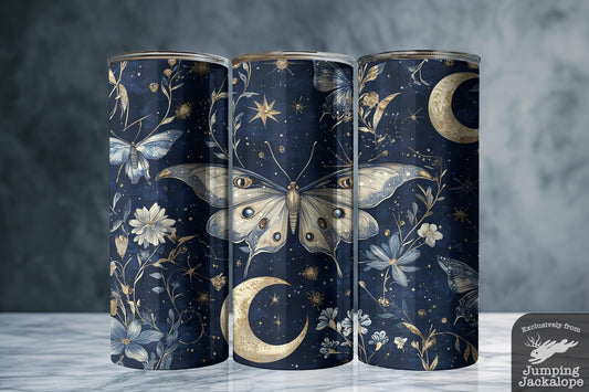 Moonlit Flutter Tumbler – 20oz Moth and Moon Phases Drinkware | Whimsical Night Forest Scene