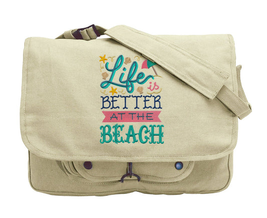 Life is Better at the Beach Embroidered Canvas Messenger Bag