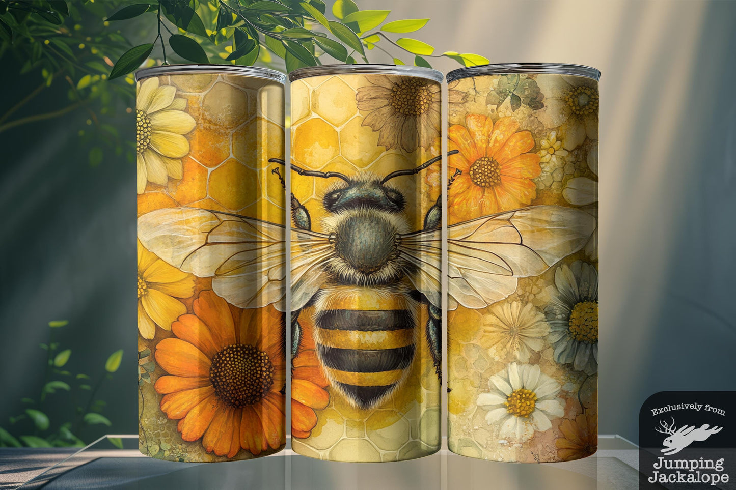 Bright Floral Bee Tumbler – 20oz Honeycomb Garden Drinkware