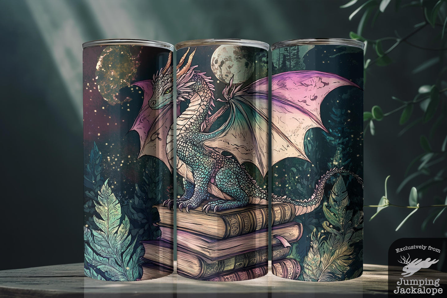 Celestial Dragon in Moonlit Grove Tumbler – 20oz Fantasy Creature on Books | Whimsical Night Forest Design
