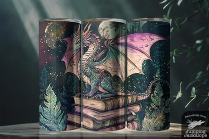 Celestial Dragon in Moonlit Grove Tumbler – 20oz Fantasy Creature on Books | Whimsical Night Forest Design