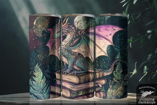 Celestial Dragon in Moonlit Grove Tumbler – 20oz Fantasy Creature on Books | Whimsical Night Forest Design