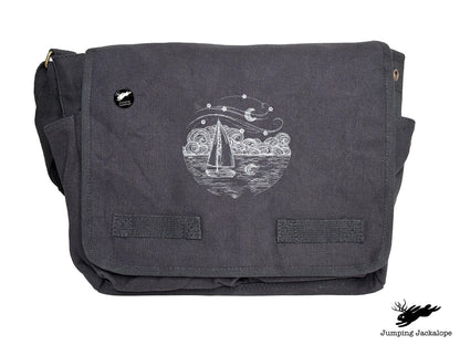 Starry Night Ocean Scene Embroidered Messenger Bag