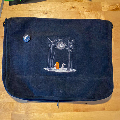 Moonlit Winter Fox and Rabbit Moon Embroidered Canvas Messenger Bag