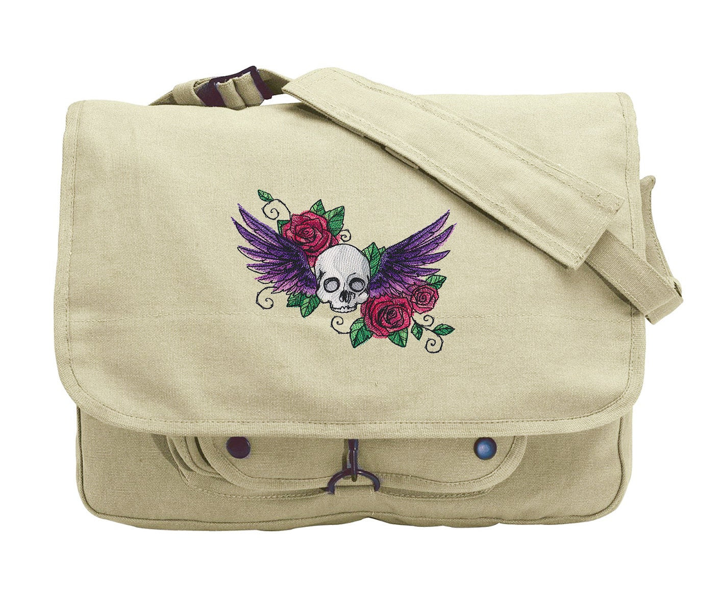 Gothic Flight - Skull Embroidered Canvas Messenger Bag