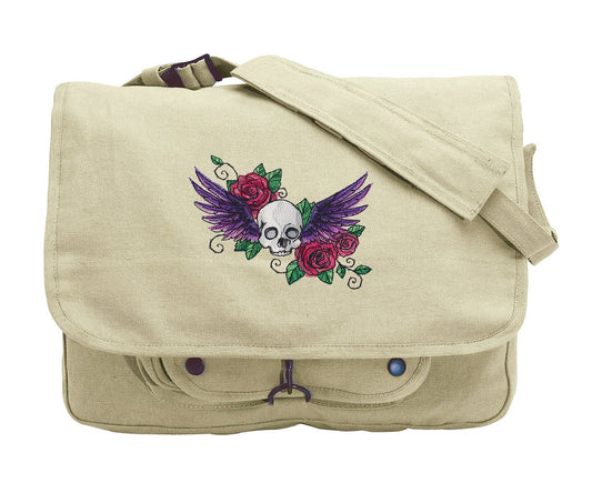 Gothic Flight - Skull Embroidered Canvas Messenger Bag