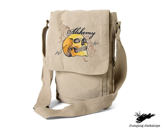 The Laboratory - Skull, Skull Bag, Skull Crossbones Bag, Skull Bag Embroidered Canvas Tech, Tablet, iPad, Kindle, Fire, Camera Bag