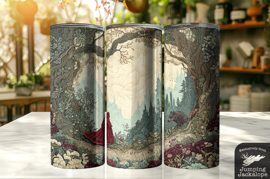 Dark Enchanted Forest Red Riding Hood Tumbler – 20oz Gothic Tale Drinkware | Mystical Vintage Scene