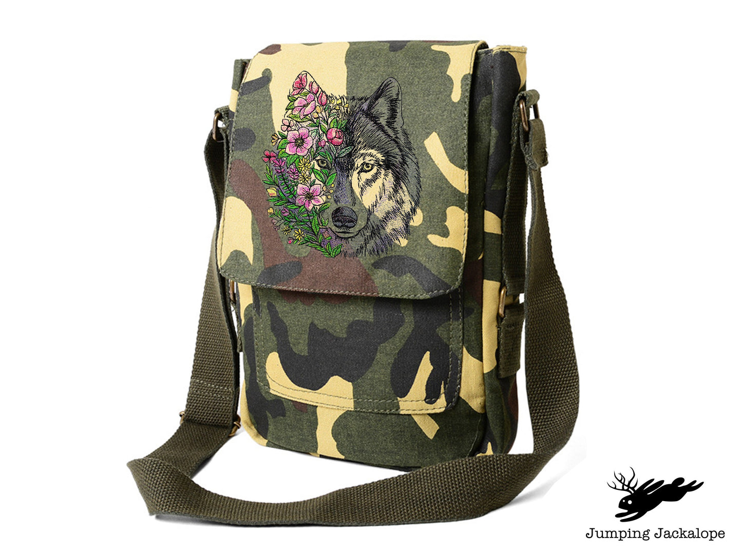 Wolf in Flowers Embroidered Canvas Tech, Tablet, iPad, Kindle, Fire, Camera Bag