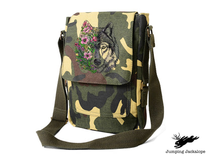 Wolf in Flowers Embroidered Canvas Tech, Tablet, iPad, Kindle, Fire, Camera Bag