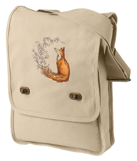 Flower Tailed Fox Embroidered Canvas Field Bag
