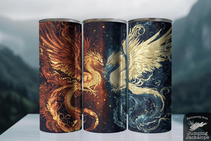 Fury of Flame & Sky Tumbler – 20oz Phoenix vs Dragon Fantasy Drinkware | Firestorm Art Cup