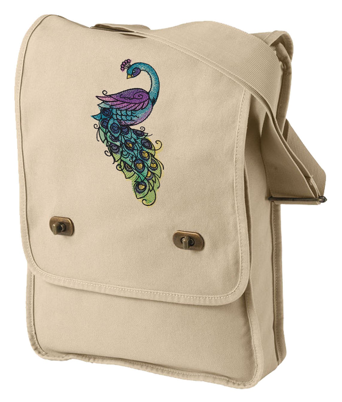 Painted Peacock Embroidered Canvas Field Bag