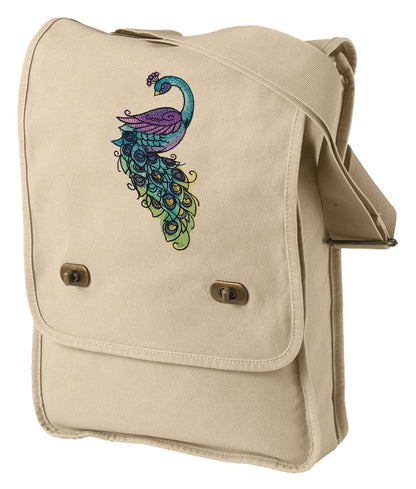 Painted Peacock Embroidered Canvas Field Bag