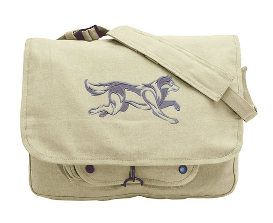 Northwoods Silhouette Full Wolf  Embroidered Canvas Messenger Bag