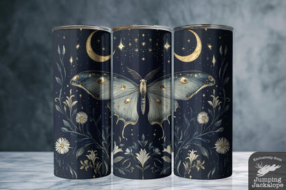 Starlit Bloom Moth Tumbler – Celestial Cottagecore Cup with Gold Moons & Wildflowers